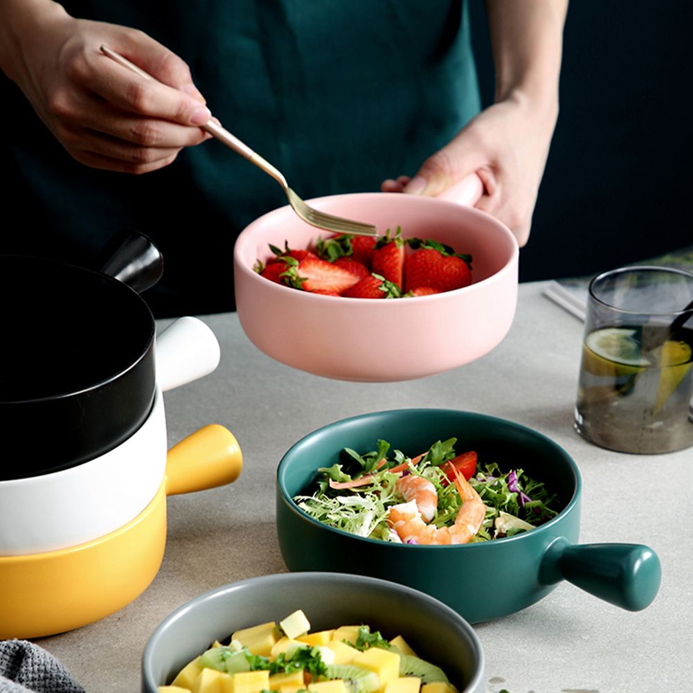 Nordic Ceramic Instant Noodle Bowl With Handle Breakfast Rice Baking Bowl Dessert Soup Fruit Salad Bowl