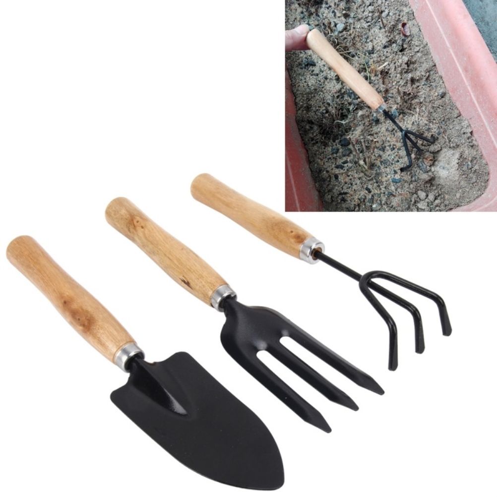 3PCS/Set Wooden Handle Mini Gardening Potted Tool Gardening Shovel Rake Fork Set for Houseplants Potted Plants