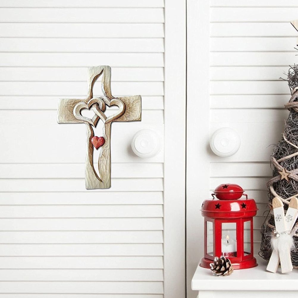 Carved Cross Intertwined Hearts Love Wooden Cross Hand Carved Design for Wall Hanging Home Living Room Decor