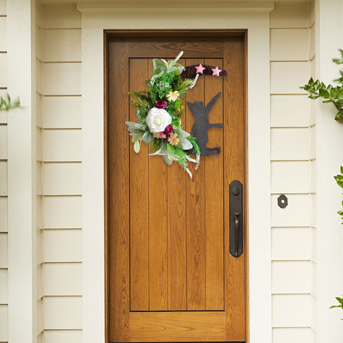 Halloween Moon Cat Wreath Door Hanging Decoration Artificial Flower Halloween Wreath