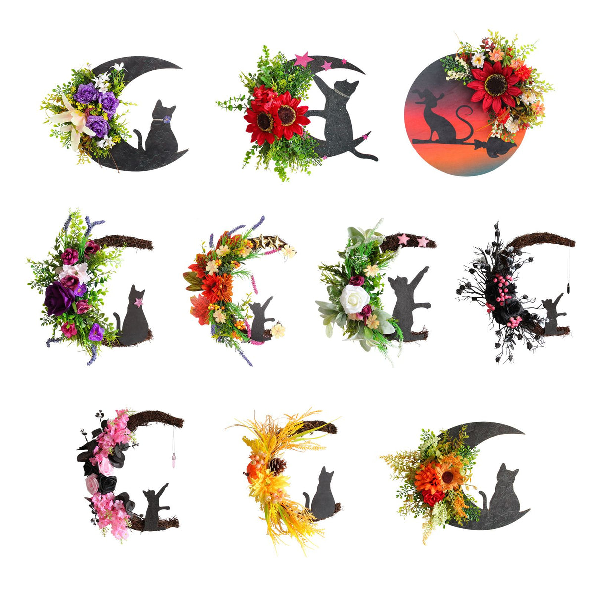 Halloween Moon Cat Garland Halloween Wreath Hanging Decoration for Halloween Party Home Farmhouse Porch Front Door Decor