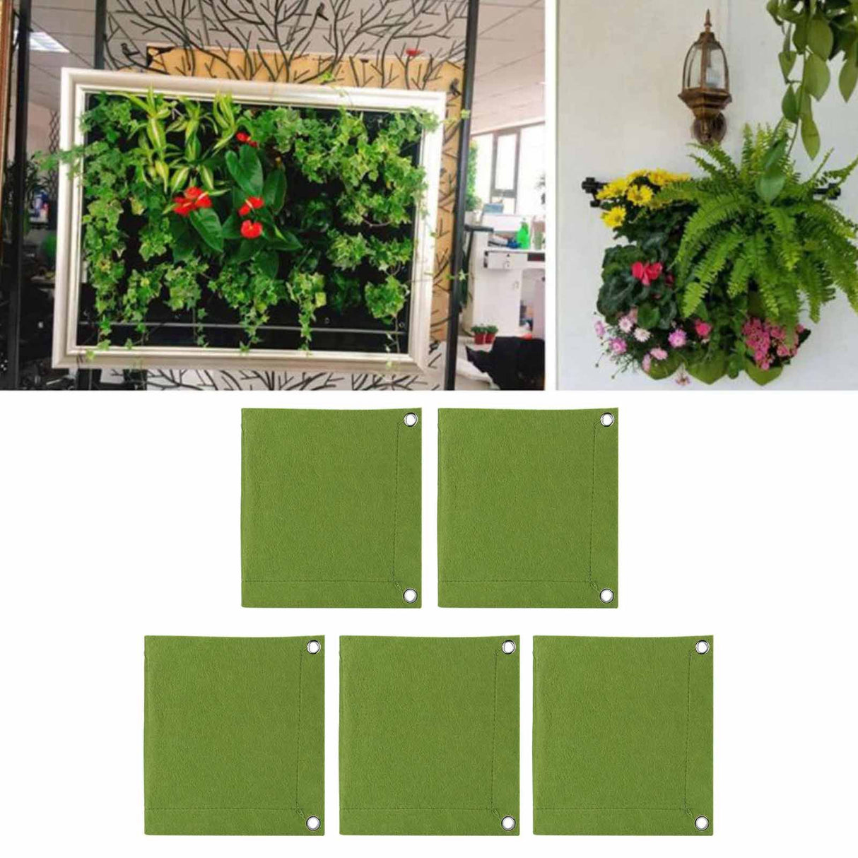 5Pcs Plant Growing Bags Wall Mounted Degradable 3‑Pockets Planter Garden AccessoryGreen