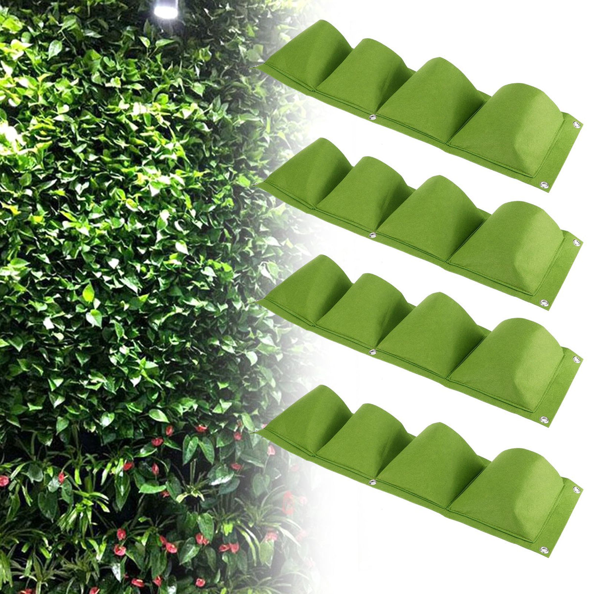 4Pcs 4 Pocket Plant Grow Bag Wall Mounted Reusable Degradable Felt Garden PlanterGreen