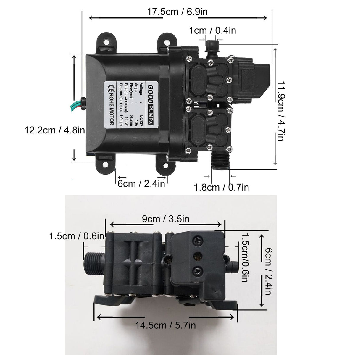12V 120W 8L High Flow Diaphragm High Pressure Pump Dual Core with Copper Connector
