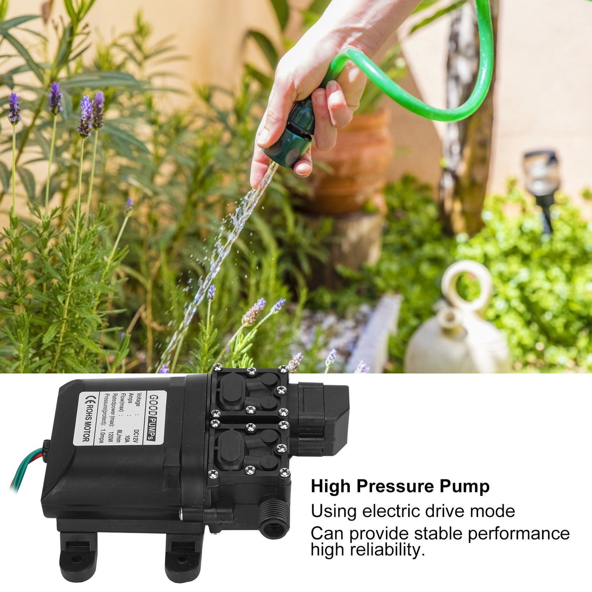 12V 120W 8L High Flow Diaphragm High Pressure Pump Dual Core with Copper Connector