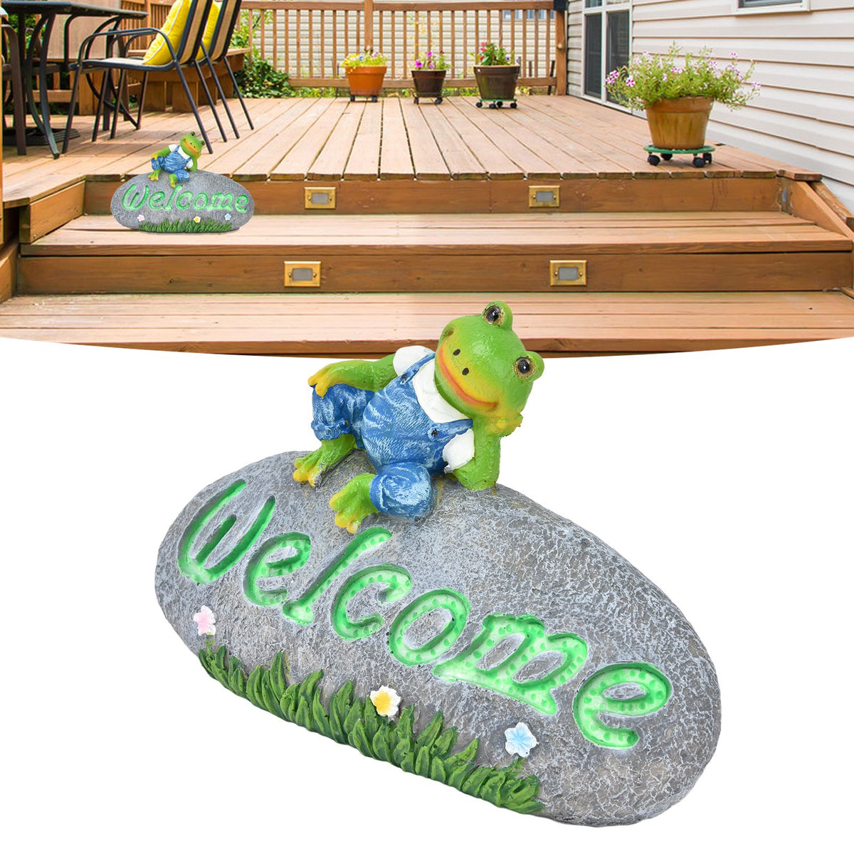 Welcome Frog Statue Luminous Garden Decor Resin Craftwork Patio Yard Lawn Animal Ornament for Indoor Outdoor