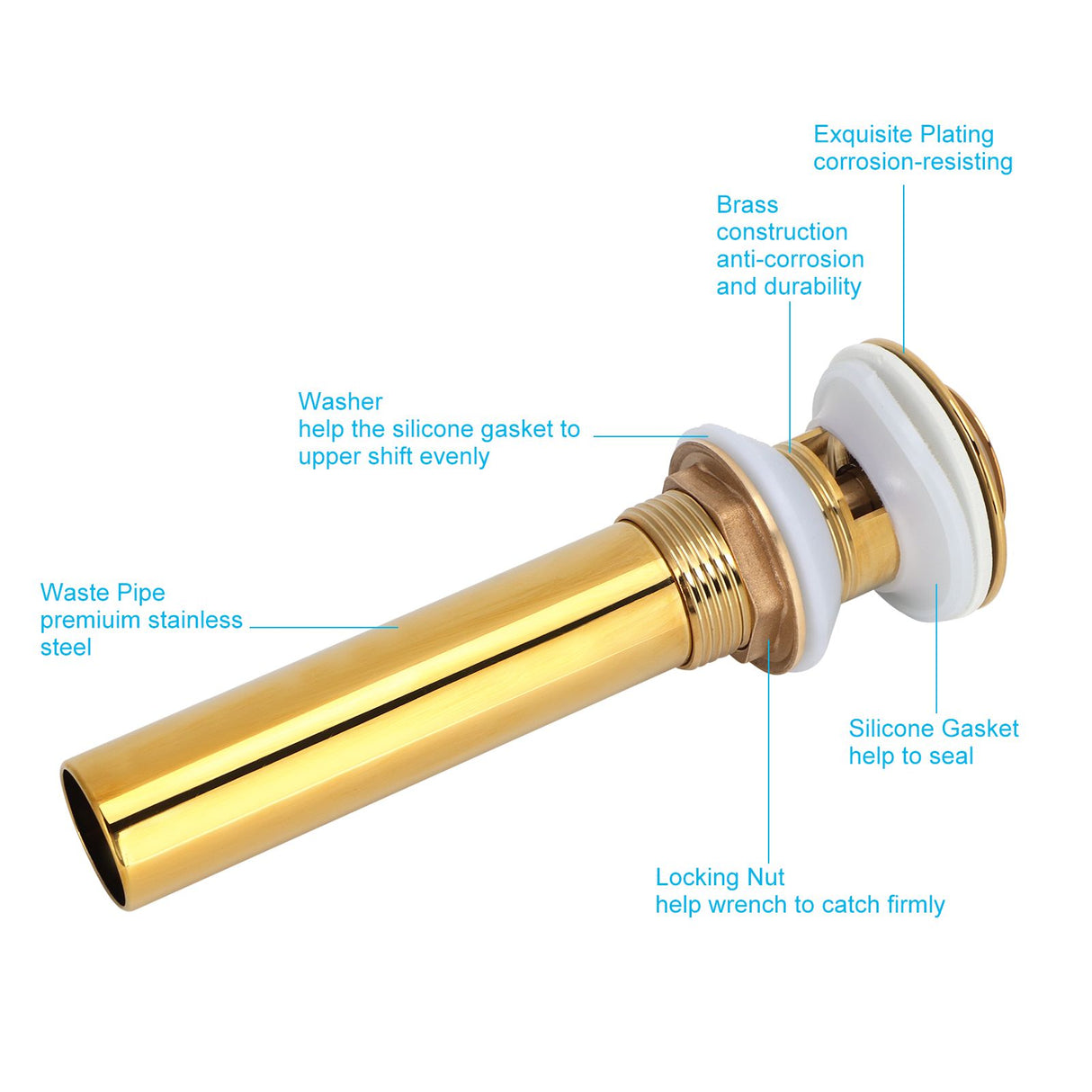 Gold Sink Drain without Overflow Anti Clog Bathroom Faucet Wash Basin Drain Stopperwith Hole