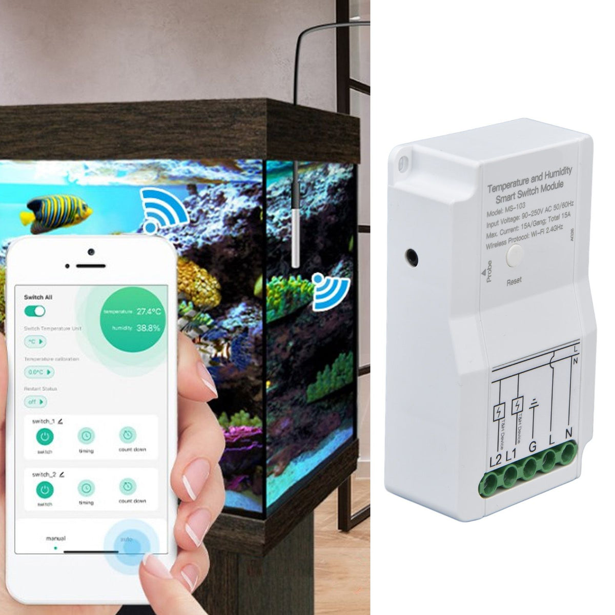 WiFi Temperature Humidity Switch Module Dual Relay Output with Temperature Probe 90‑250V for TUYA Smart App