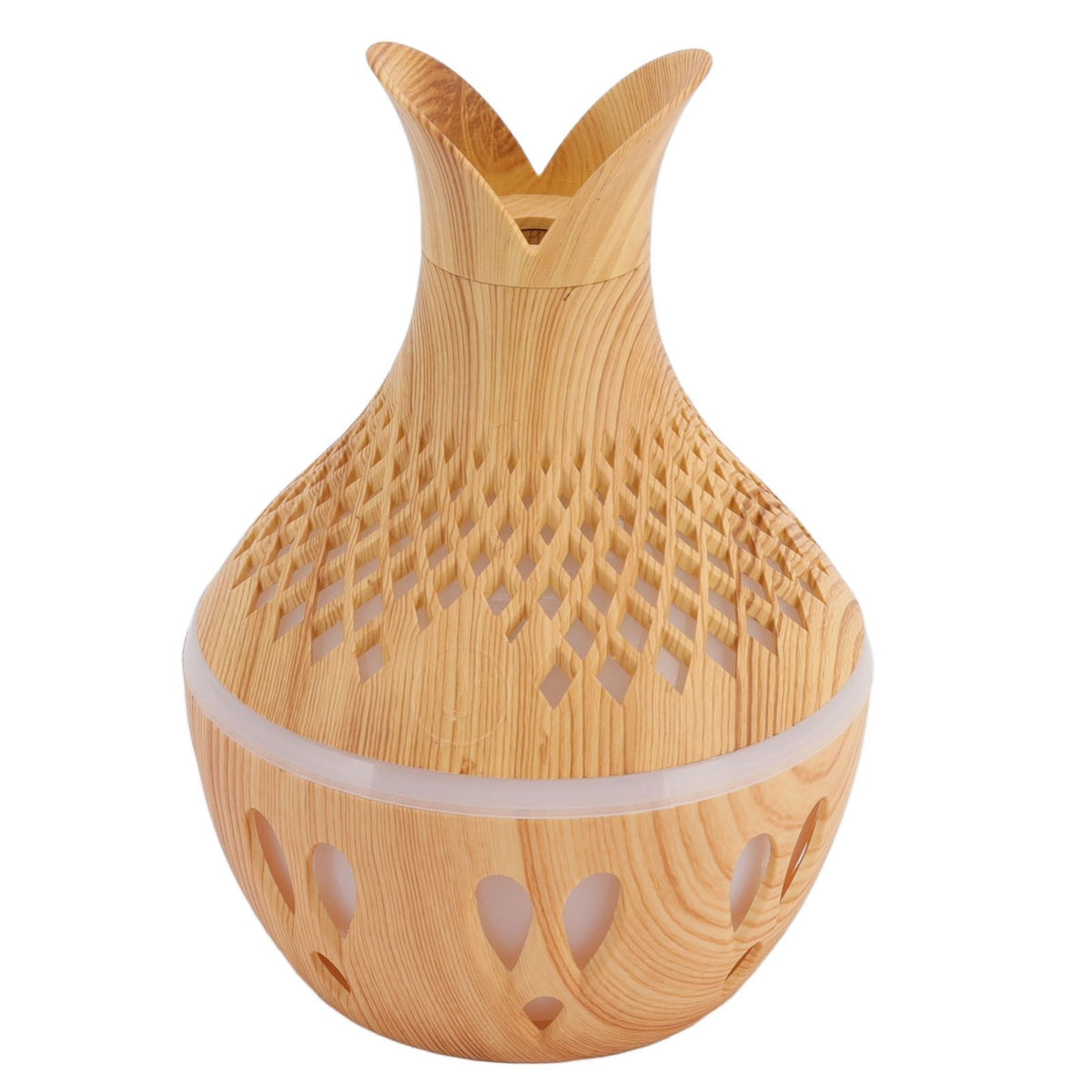 300ml Wood Grain Humidifier USB Powered Aroma Diffuser Humidifier with Ambient Night Light 2 Petal Hollow Shape
