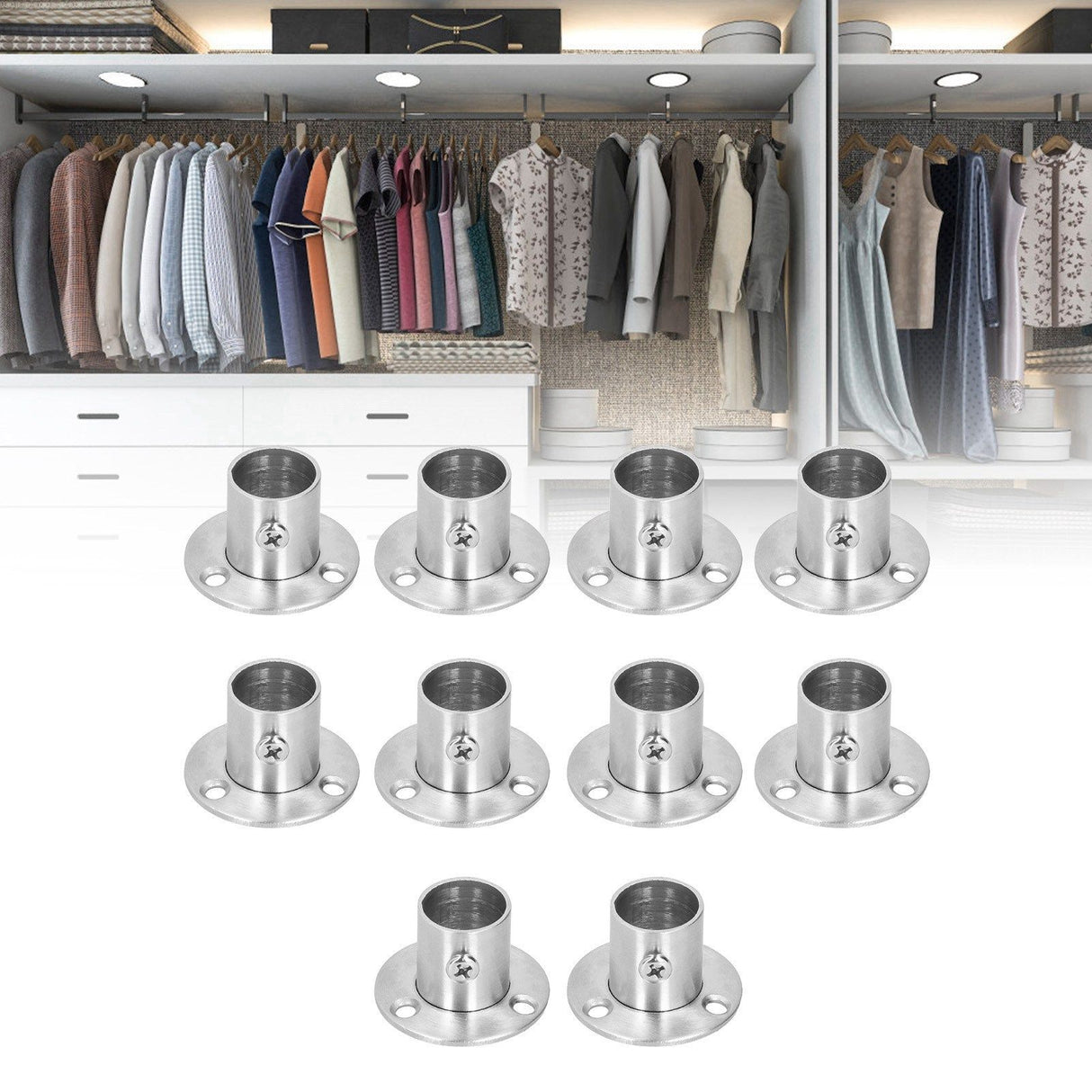10Set Flanged Holder Base Thicken Stainless Steel Closet Rod Tube Bracket HardwaresΦ19