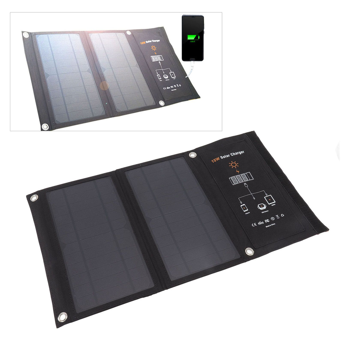 15W Monocrystalline Solar Panel Charger Dual USB Foldable Solar Charging Pack Outdoor Phone Power Bank Black
