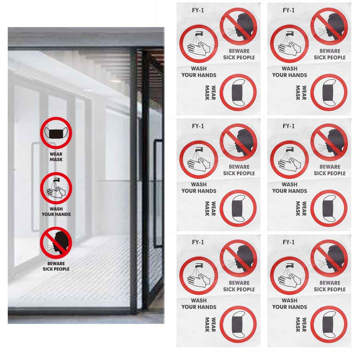 6PCS Caution Notice English Reminder Slogan Wall Sticker Sign for Hospital Company School
