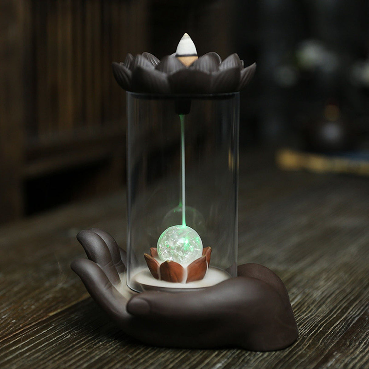 LED Waterfall Backflow Incense Burner with Windproof Cover Handicraft for Home Office Tea House