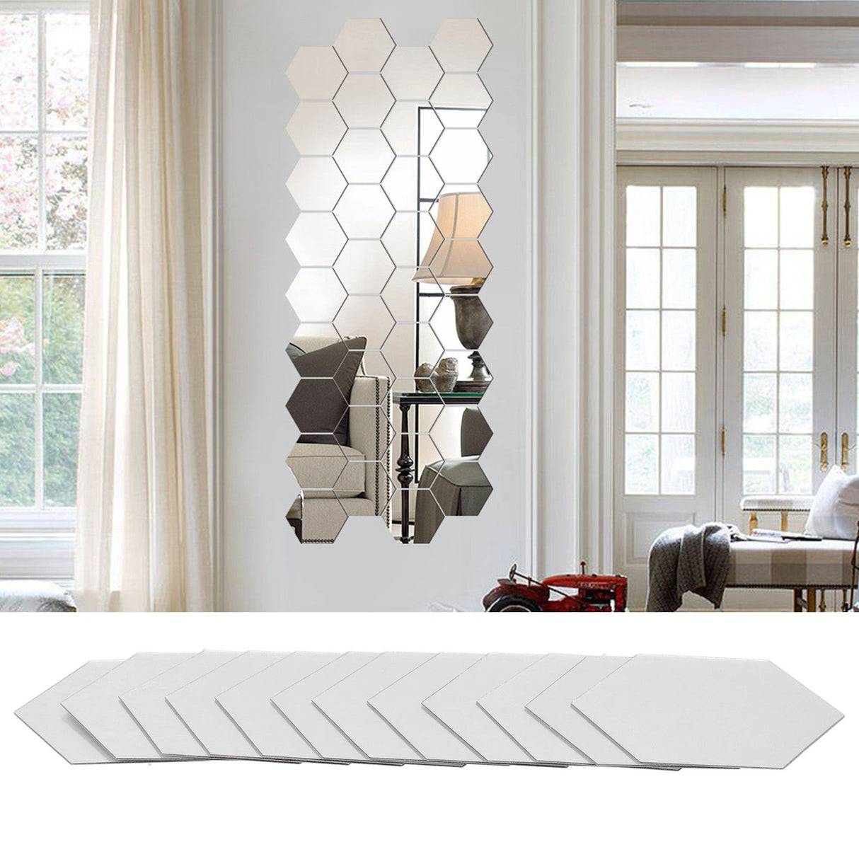 Acrylic Hexagonal Mirror Setting Wall Self Adhesive Stickers Decoration for Home Room20cm/7.9in Silver