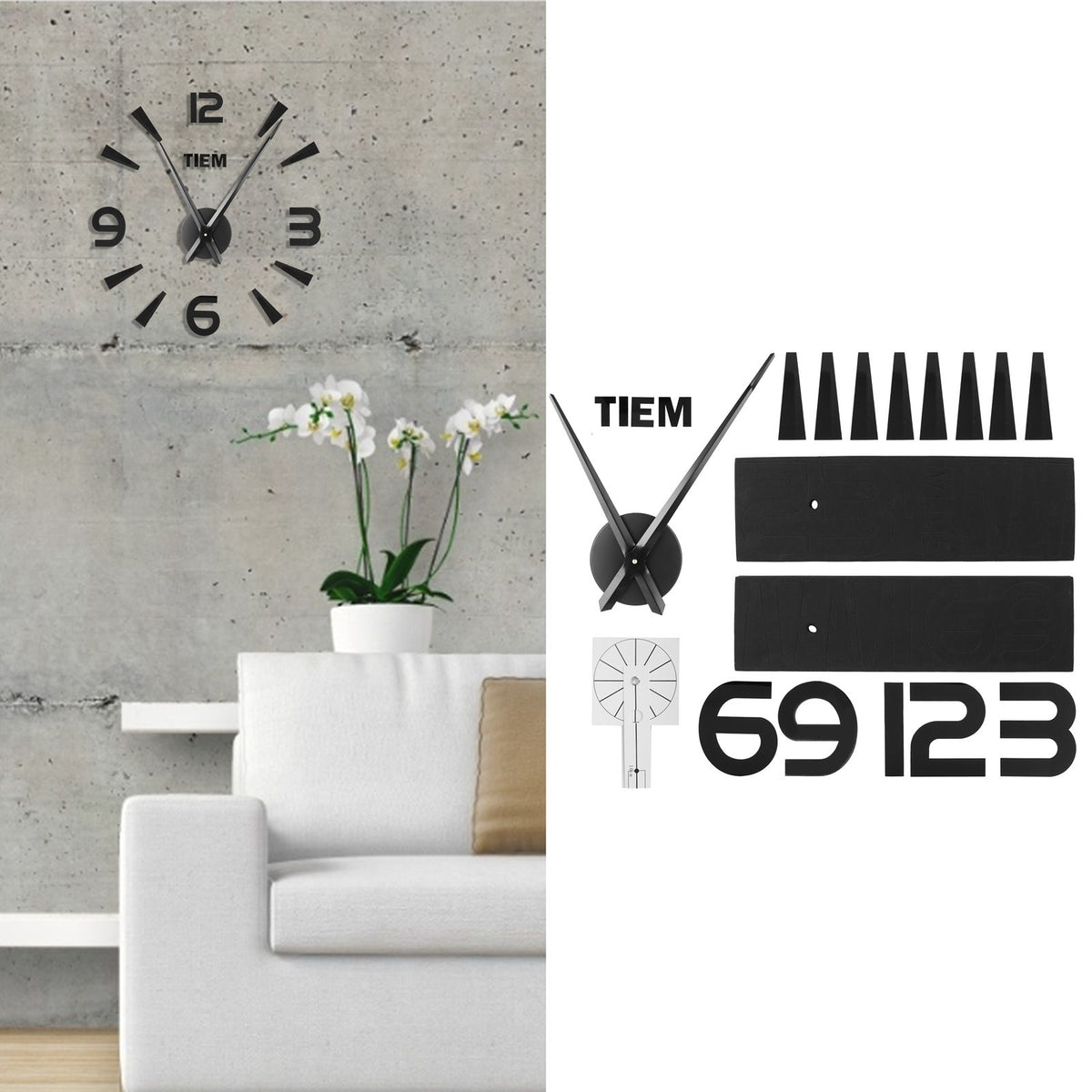Frameless Wall Clock Sticker Mirror Surface Living Room Bedroom Office DIY DecorationBlack