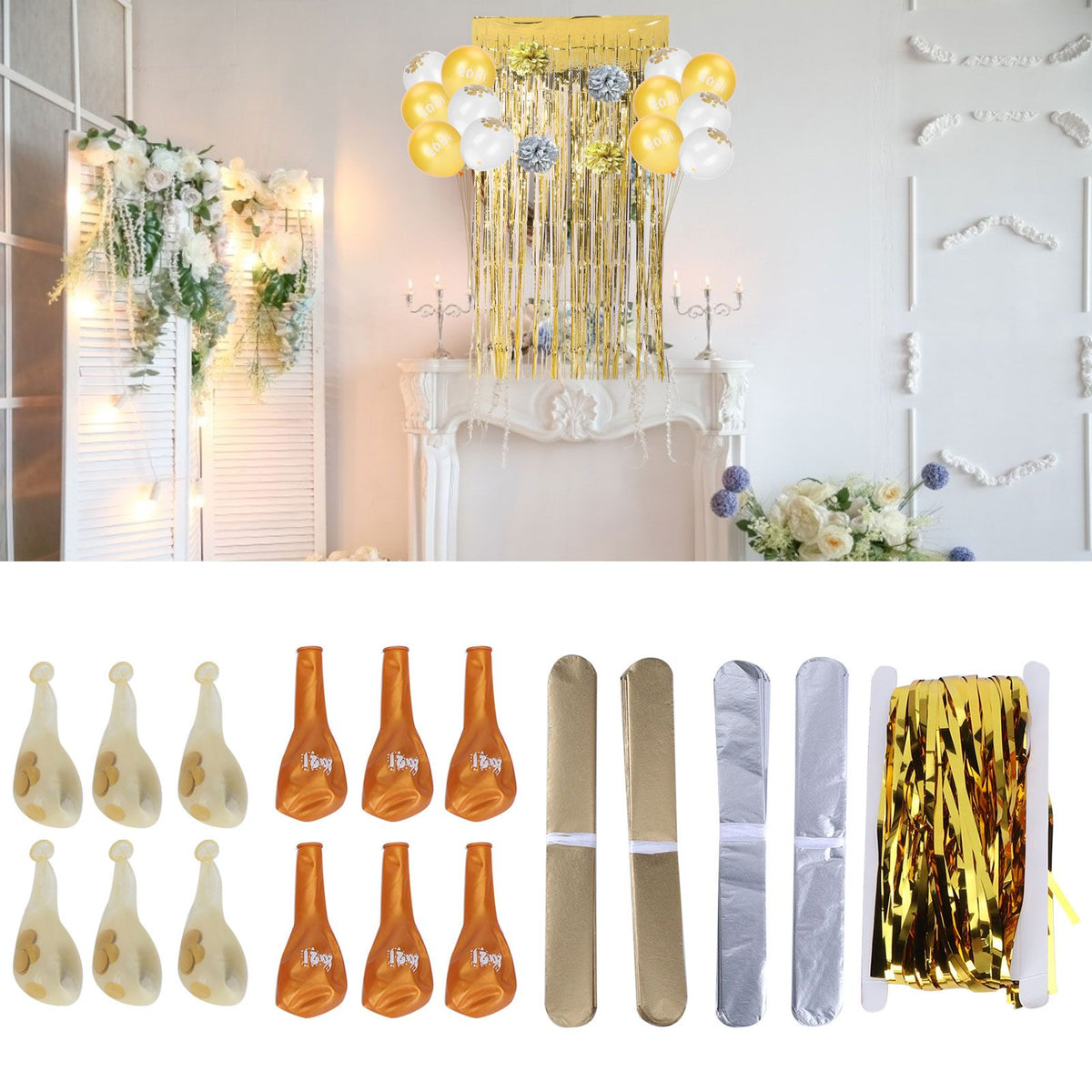 Sequin Balloon Set Decorative Fringed Curtain Paper Flower Ball for 2021 New Year Party