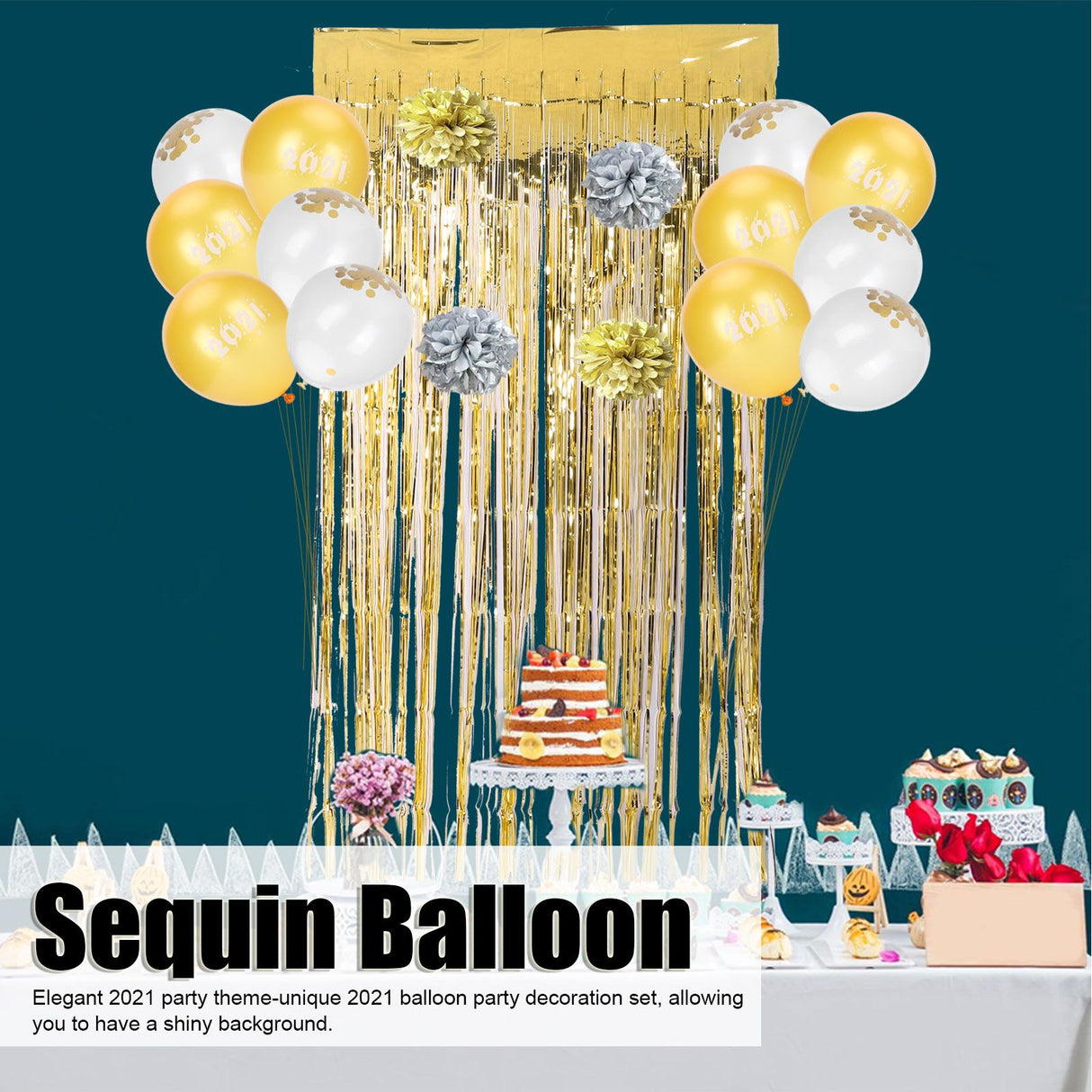 Sequin Balloon Set Decorative Fringed Curtain Paper Flower Ball for 2021 New Year Party