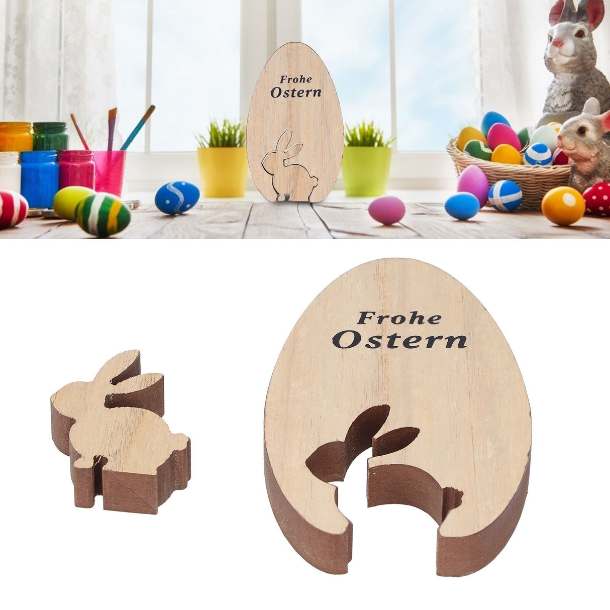 Wooden Egg Shape Ornament Cute Rabbit Tabletop Decor Wooden Craft Ornaments for Home Office