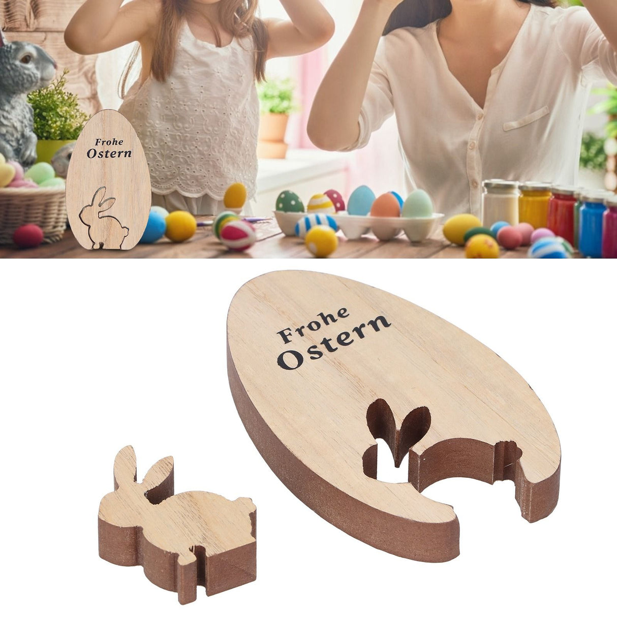 Wooden Egg Shape Ornament Cute Rabbit Tabletop Decor Wooden Craft Ornaments for Home Office