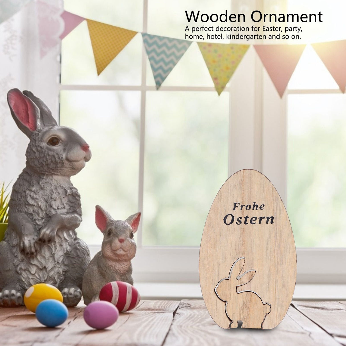 Wooden Egg Shape Ornament Cute Rabbit Tabletop Decor Wooden Craft Ornaments for Home Office