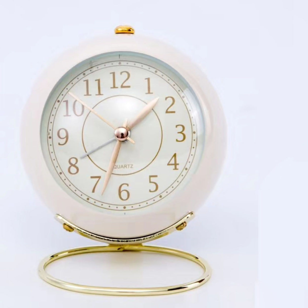 Small Round Clock Circular Base Mute Corrosion Resistance Quartz Bedside Alarm Clock with Night Light for Bedroom School Creamy White, Golden Cover