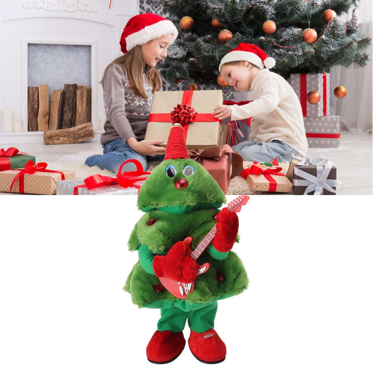 Electric Christmas Tree Plush Toy 8 Songs Continuous Play Glowing Swinging Singing Dancing Cute Electric Plush Toy for Kids Guitar Christmas Tree