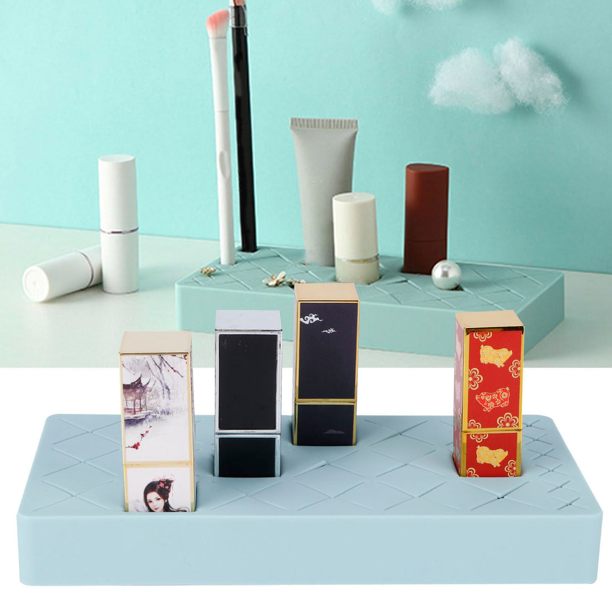 24 Slots Silicone Lipstick Organizer Makeup Cosmetics Holder Storage Box Display StandBlue