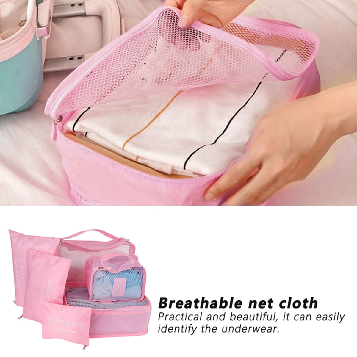 6Pcs/Set Storage Bag Clothing Sorting Bag Luggage Suitcase Packing Organizer for TravellingPink