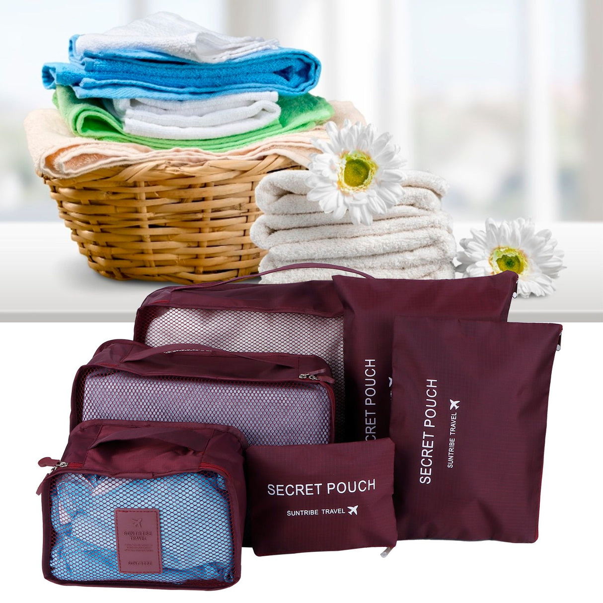 6Pcs/Set Storage Bag Clothing Sorting Bag Luggage Suitcase Packing Organizer for TravellingWine Red