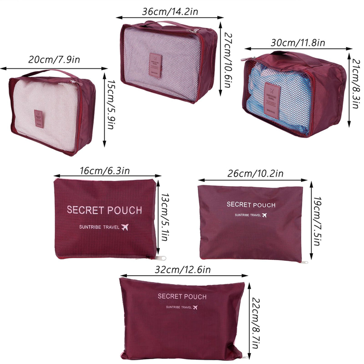 6Pcs/Set Storage Bag Clothing Sorting Bag Luggage Suitcase Packing Organizer for TravellingWine Red