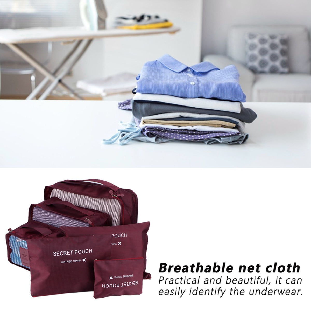 6Pcs/Set Storage Bag Clothing Sorting Bag Luggage Suitcase Packing Organizer for TravellingWine Red