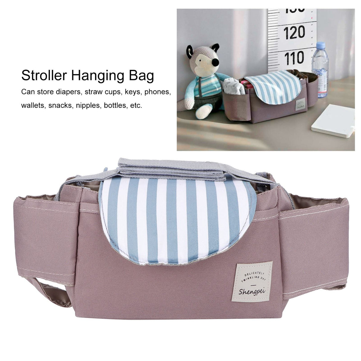 Baby Stroller Hanging Bag Organizer Universal Cup Holder Storage Bag Strollers AccessoryGreen Stripe