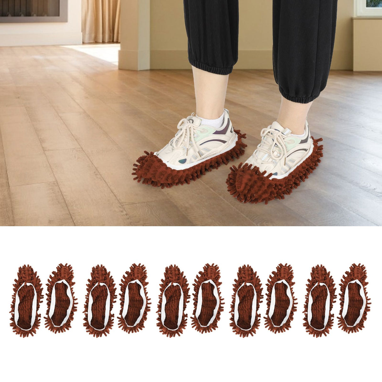 10Pcs Chenille Mop Slippers Multifunction Floor Cleaning Shoes Dust Cleaner AccessoryBrown