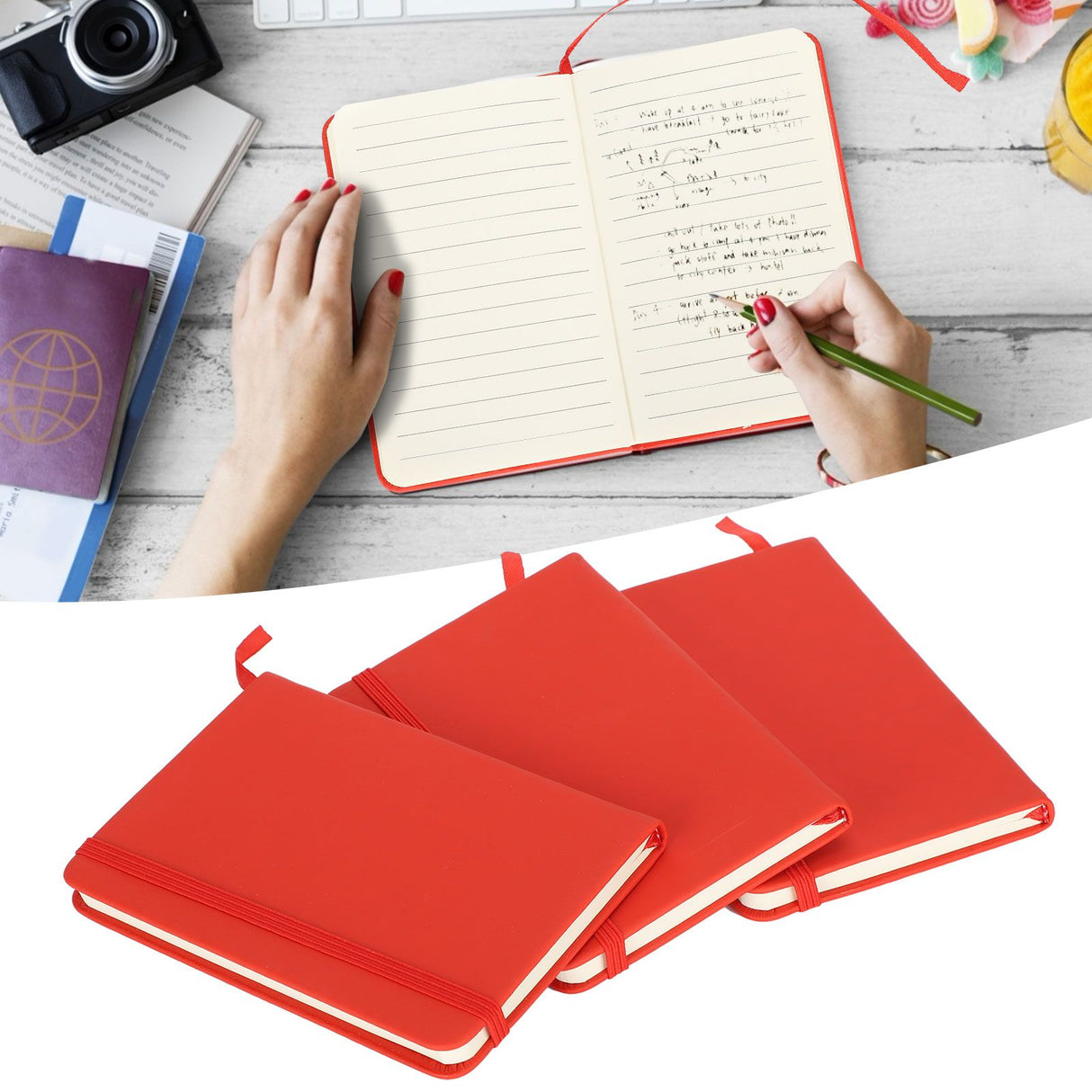 3Pcs PU A6 Business Notepad Hardcover Strap Notebook Diary Stationery Office School SuppliesRed