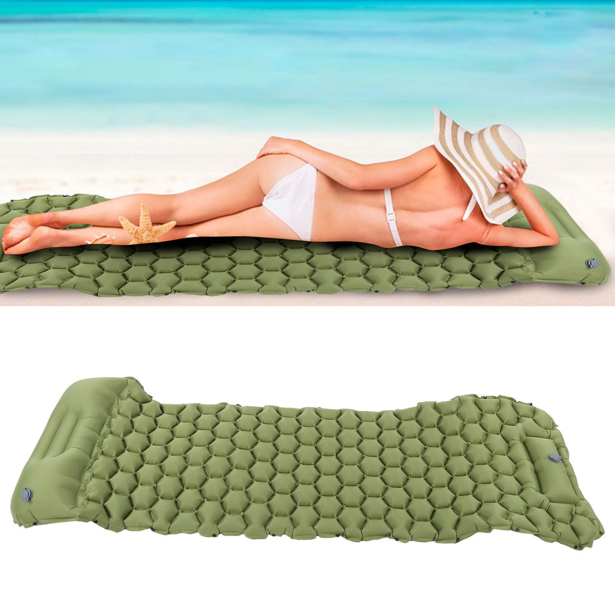 Camping Sleeping Pad Mat Foot Press Inflatable Cushion Mattress for Tent Hiking TravelMilitary Green