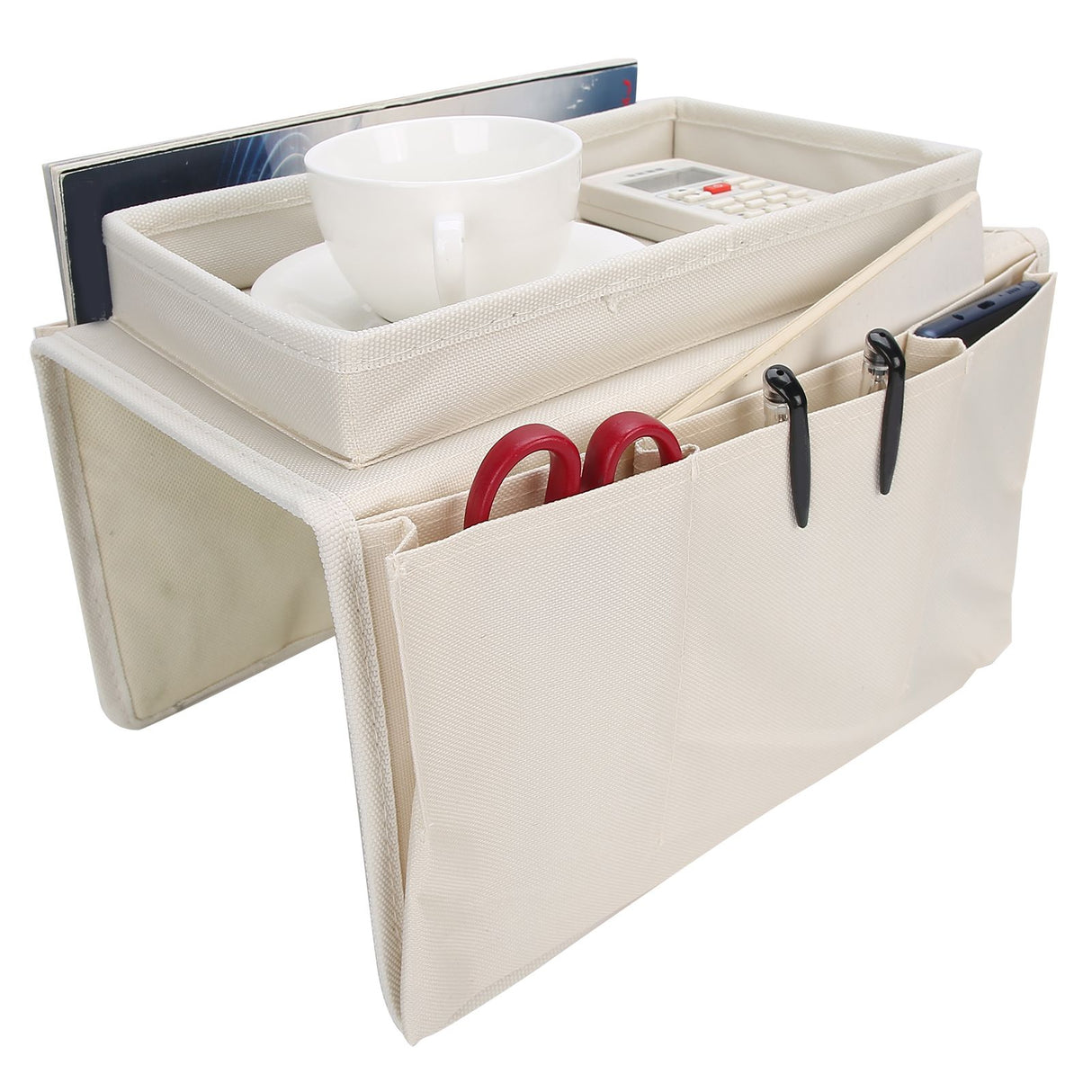 4 Pockets Sofa Armrest TV Remote Control Organizer Armchair Couch Bag with Cup Holder TrayBeige