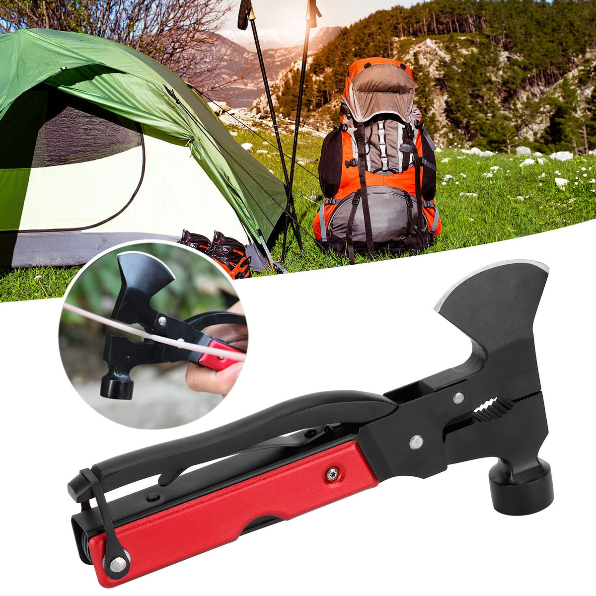 15In1 Axe Hammer MultiFunctional Camping Survival Screwdrivers Pliers Bottle Opener(Red )