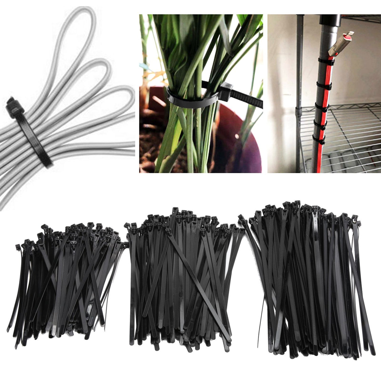 300PCS Cable Ties Multi Size Long Zip Ties for Home Office Garden Fastener SuppliesBlack