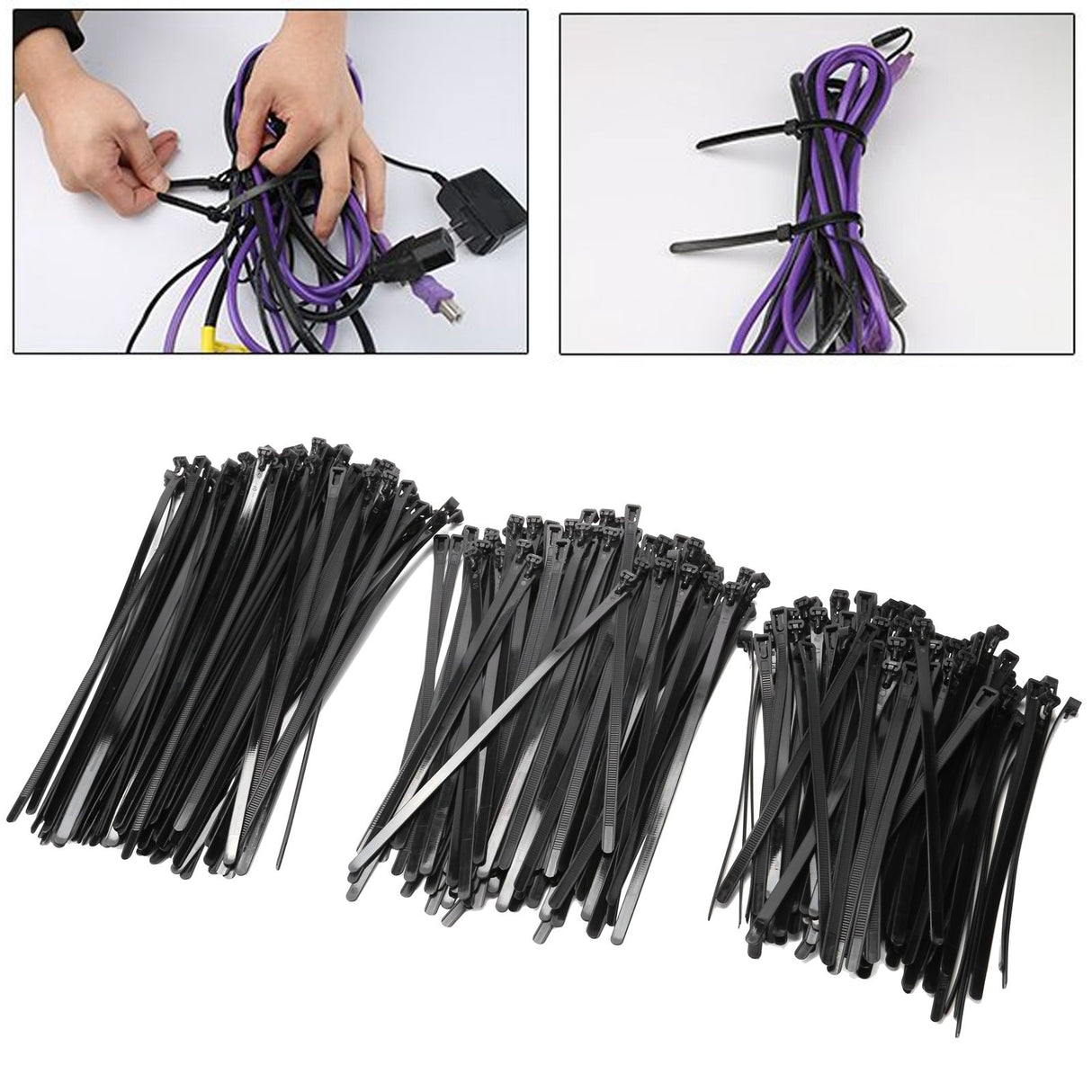300PCS Cable Ties Multi Size Long Zip Ties for Home Office Garden Fastener SuppliesBlack