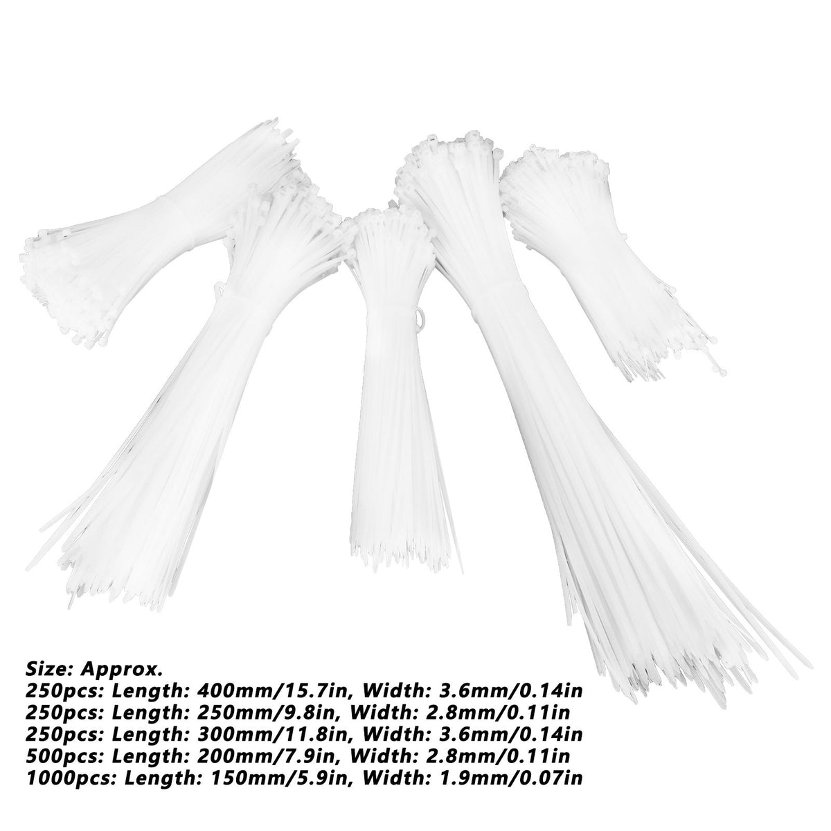 5Packs Cable Ties Zip Wraps Set Disposable Nylon Wire Cord Strap Fastener Fastening OrganizerWhite