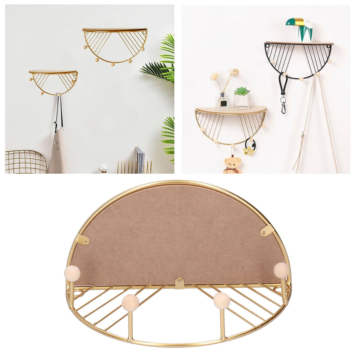 Display Shelf Storage Rack with Clothes Hanger Hook for Home Living Room Entryway GoldS