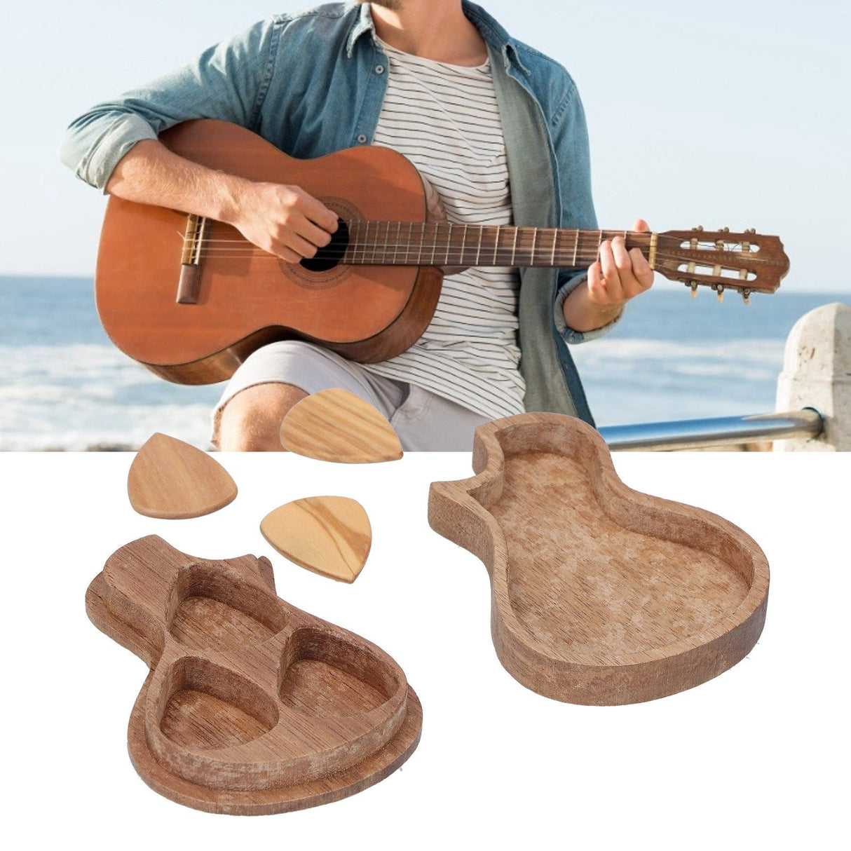 Guitar Pick Box Holder Collector with 3Pcs Wooden Picks Musical Instrument Accessory