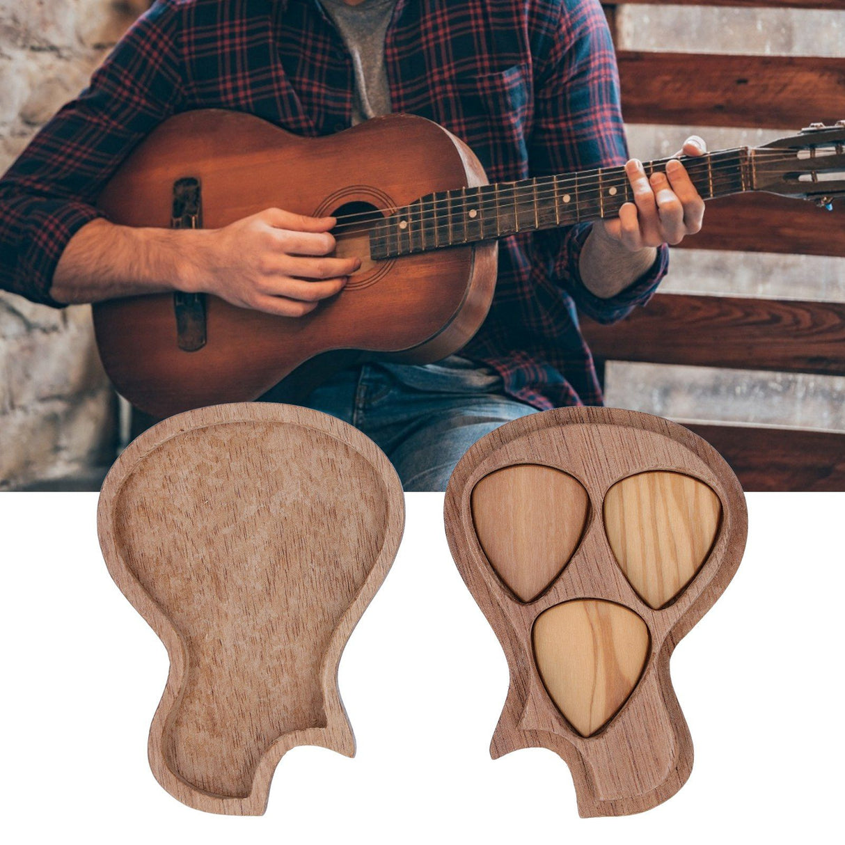Guitar Pick Box Holder Collector with 3Pcs Wooden Picks Musical Instrument Accessory