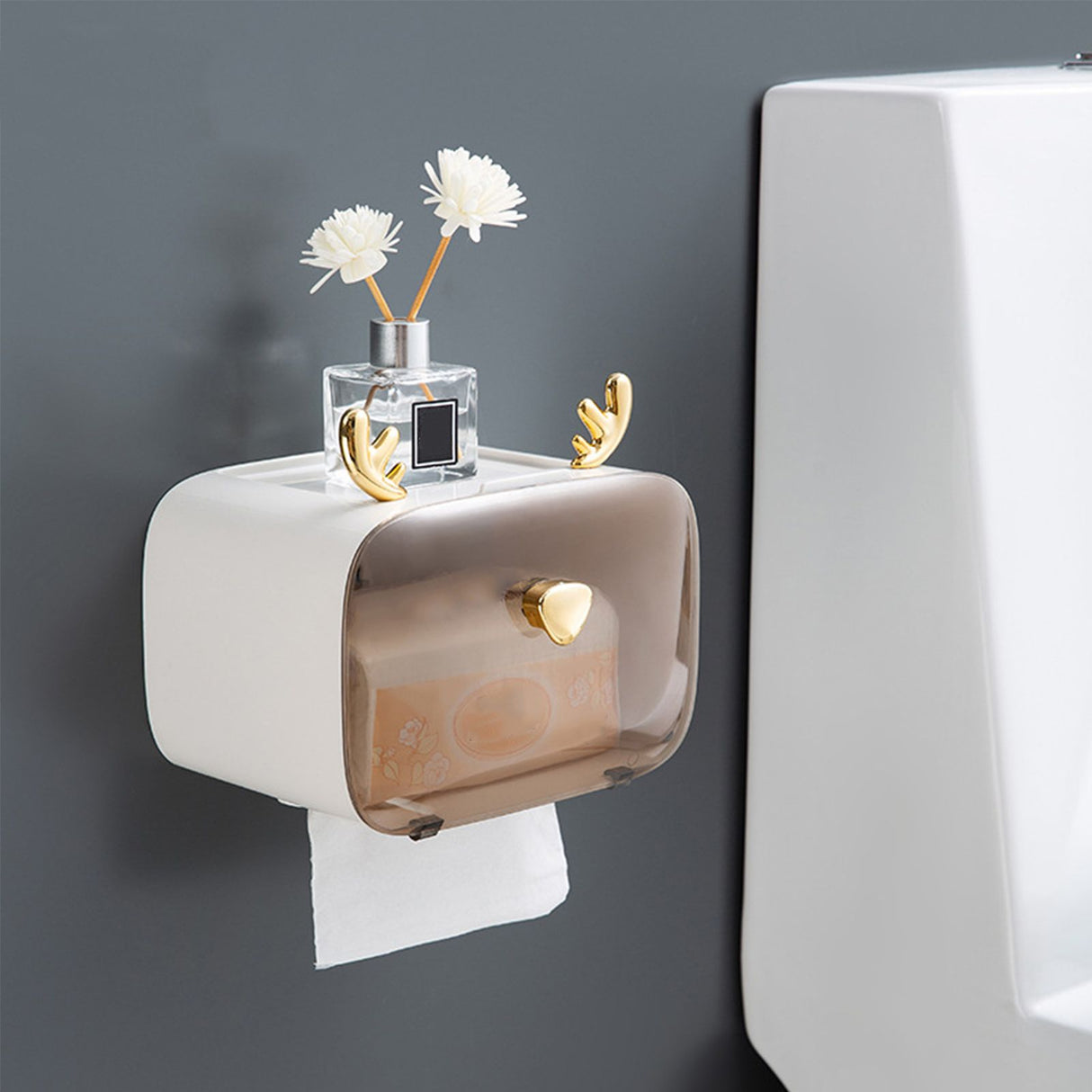 Waterproof Toilet Paper Holder Cute Rod Antlers Transparent Window Adjustable Hanging Wall Mounted Tissue Box HolderWhite