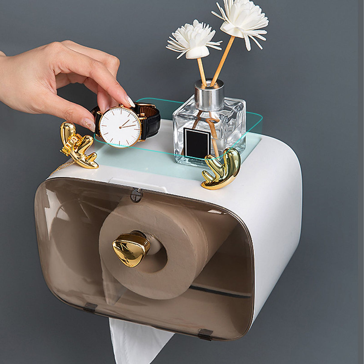 Waterproof Toilet Paper Holder Cute Rod Antlers Transparent Window Adjustable Hanging Wall Mounted Tissue Box HolderWhite