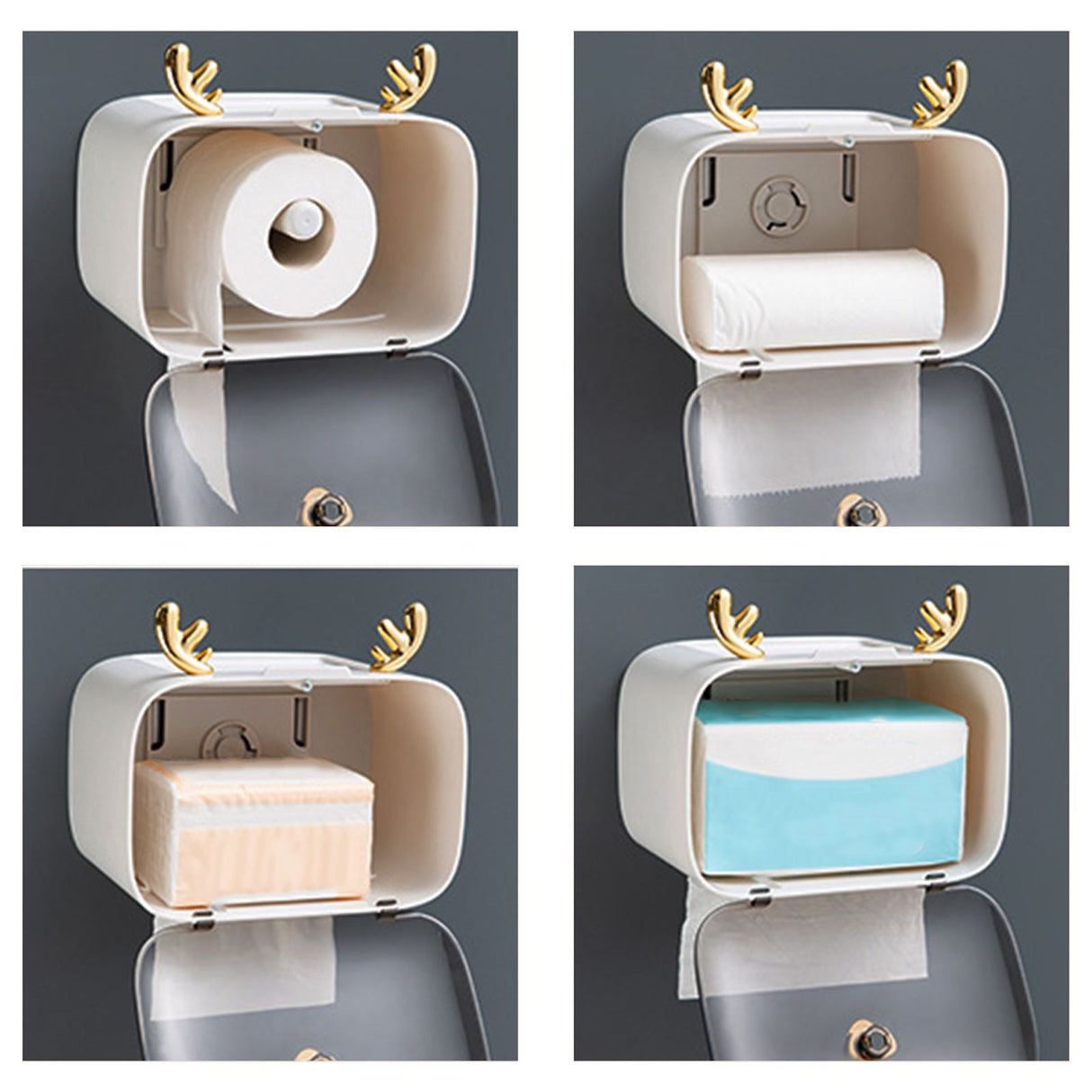 Waterproof Toilet Paper Holder Cute Rod Antlers Transparent Window Adjustable Hanging Wall Mounted Tissue Box HolderWhite