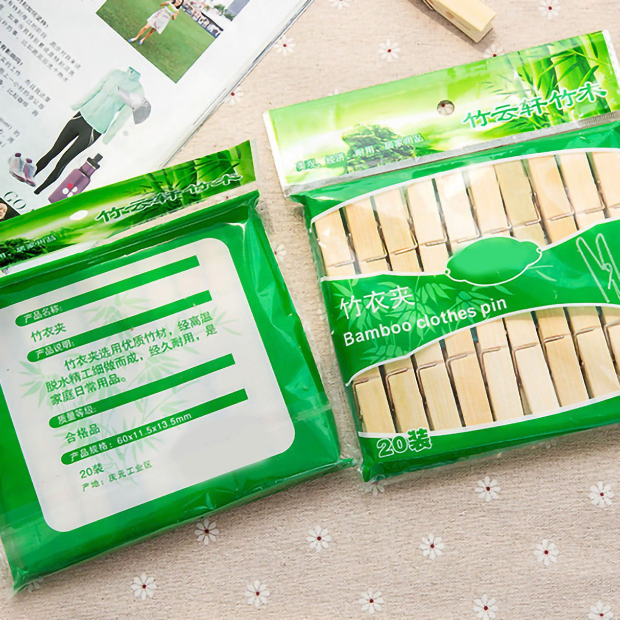 20Pcs Clothes Peg Bamboo Clothespins with Spring Windproof Clothes Clips for Outdoor Balcony