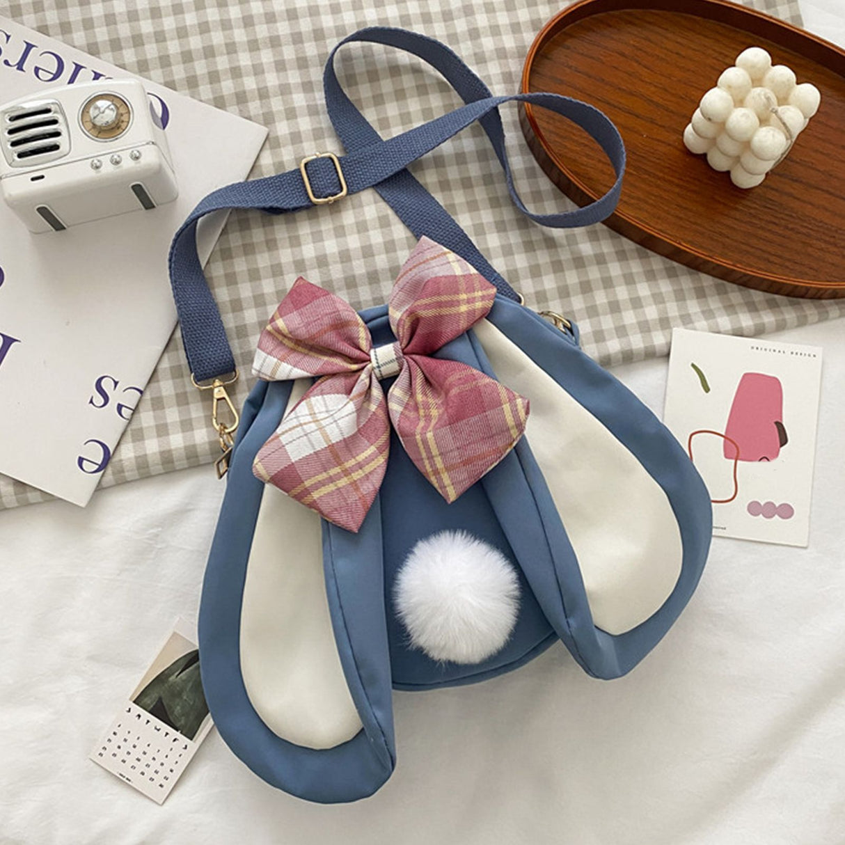 Rabbit Ear Crossbody Bag Summer Oxford Cloth Lovely Bowknot Crossbody Bag for Girls Blue