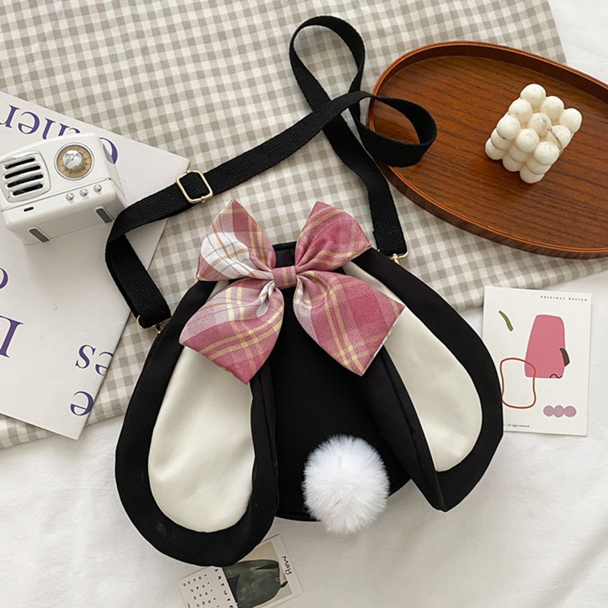 Rabbit Ear Crossbody Bag Summer Oxford Cloth Lovely Bowknot Crossbody Bag for Girls Black