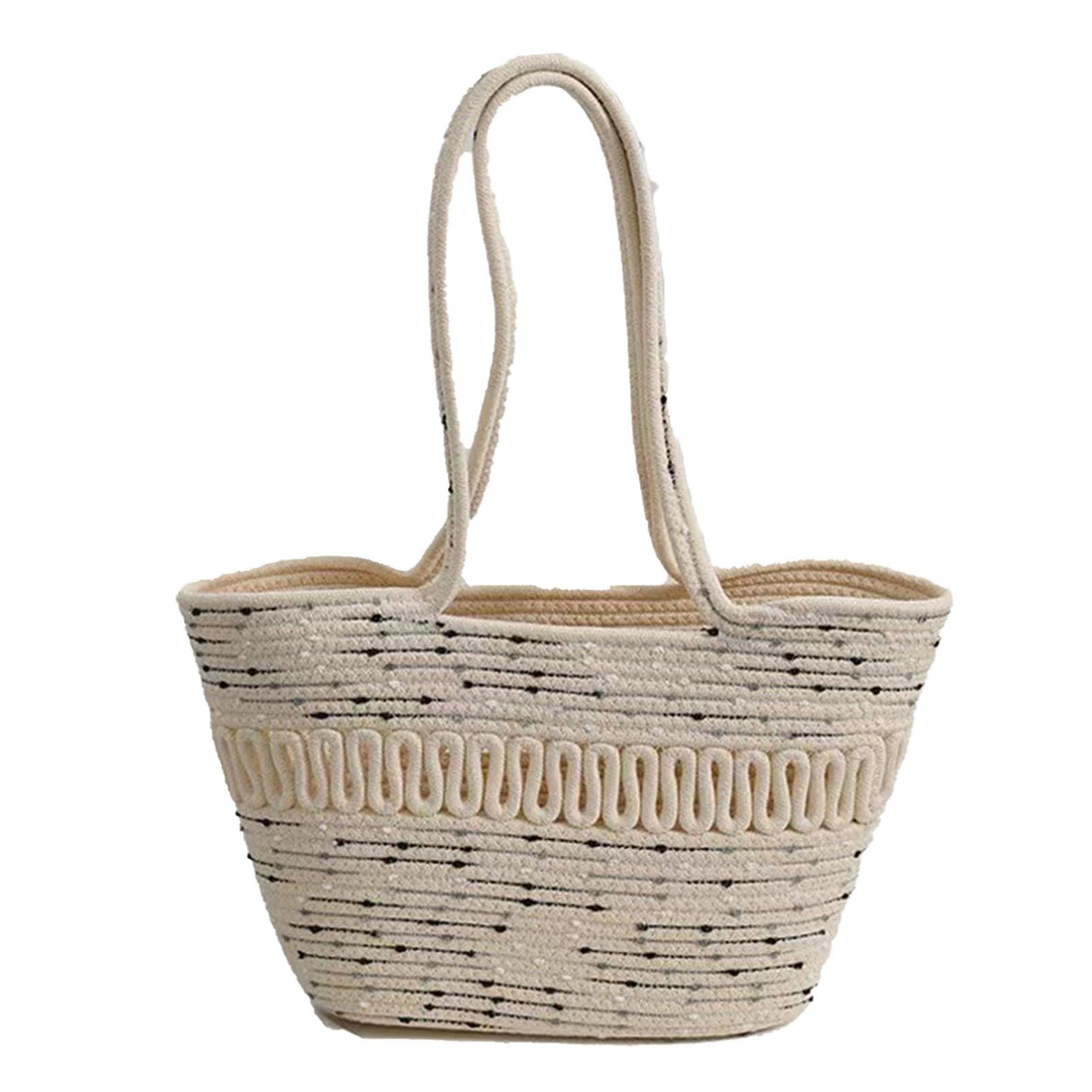 Straw Bag Woven Papyrus Large Capacity Simple Hollow Design Woven Basket Bag for Travel Holiday Black Dots in White
